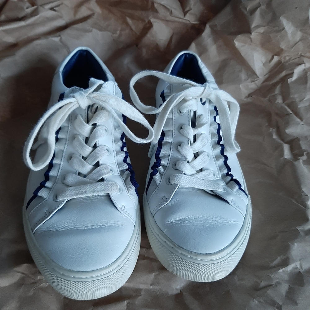 Tory Burch Sport White and Navy Ruffle Sneaker, Women's US Size 8
